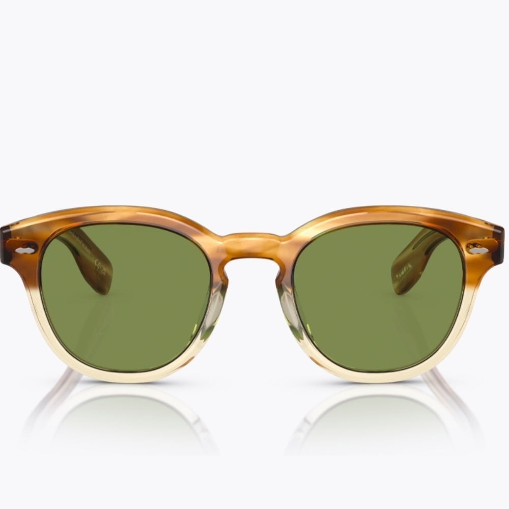 Oliver Peoples Two-Tone Amber to Cream Round Sunglasses with Green Lenses